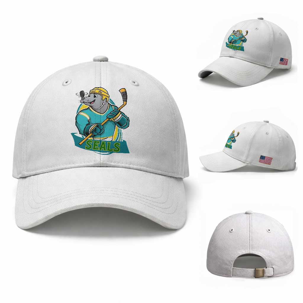 Cute Seal Playing Ice Hockey Baseball Cap Funny Winter Sports Gift TS12 Baseball Cap Universal Fit White Print Your Wear