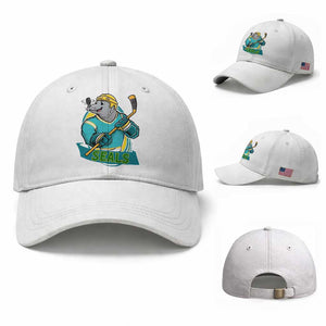 Cute Seal Playing Ice Hockey Baseball Cap Funny Winter Sports Gift TS12 Baseball Cap Universal Fit White Print Your Wear