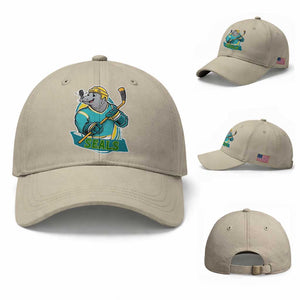 Cute Seal Playing Ice Hockey Baseball Cap Funny Winter Sports Gift TS12 Baseball Cap Universal Fit Beige Print Your Wear