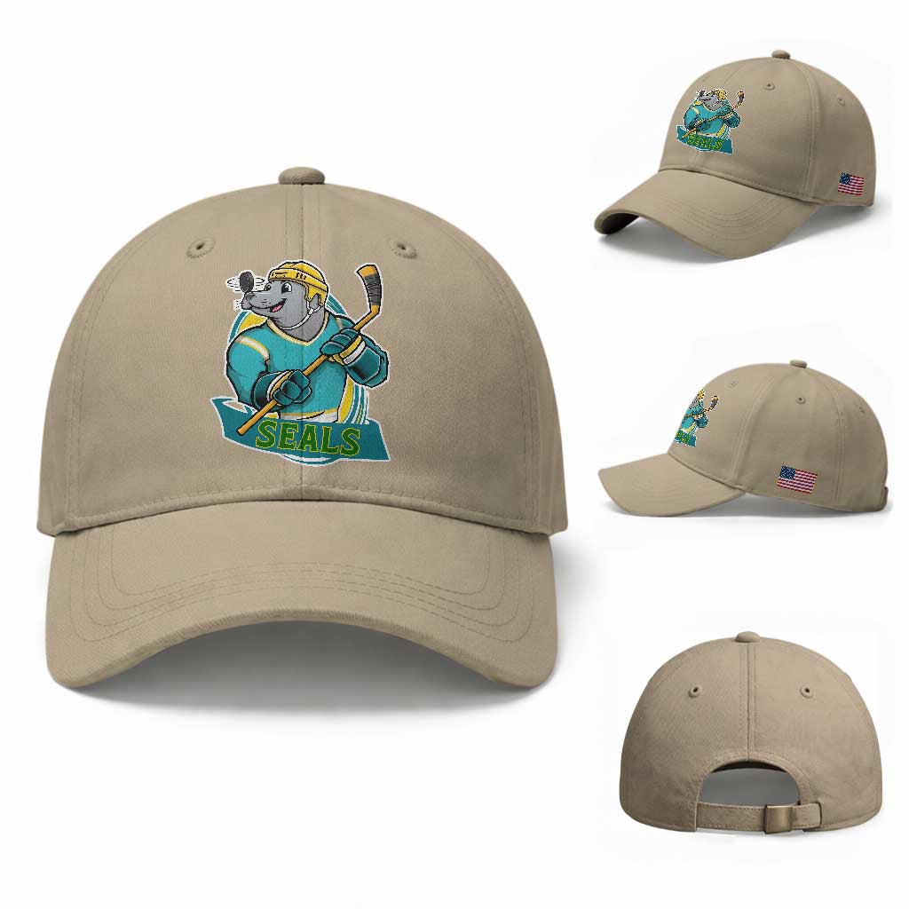 Cute Seal Playing Ice Hockey Baseball Cap Funny Winter Sports Gift TS12 Baseball Cap Universal Fit Khaki Print Your Wear