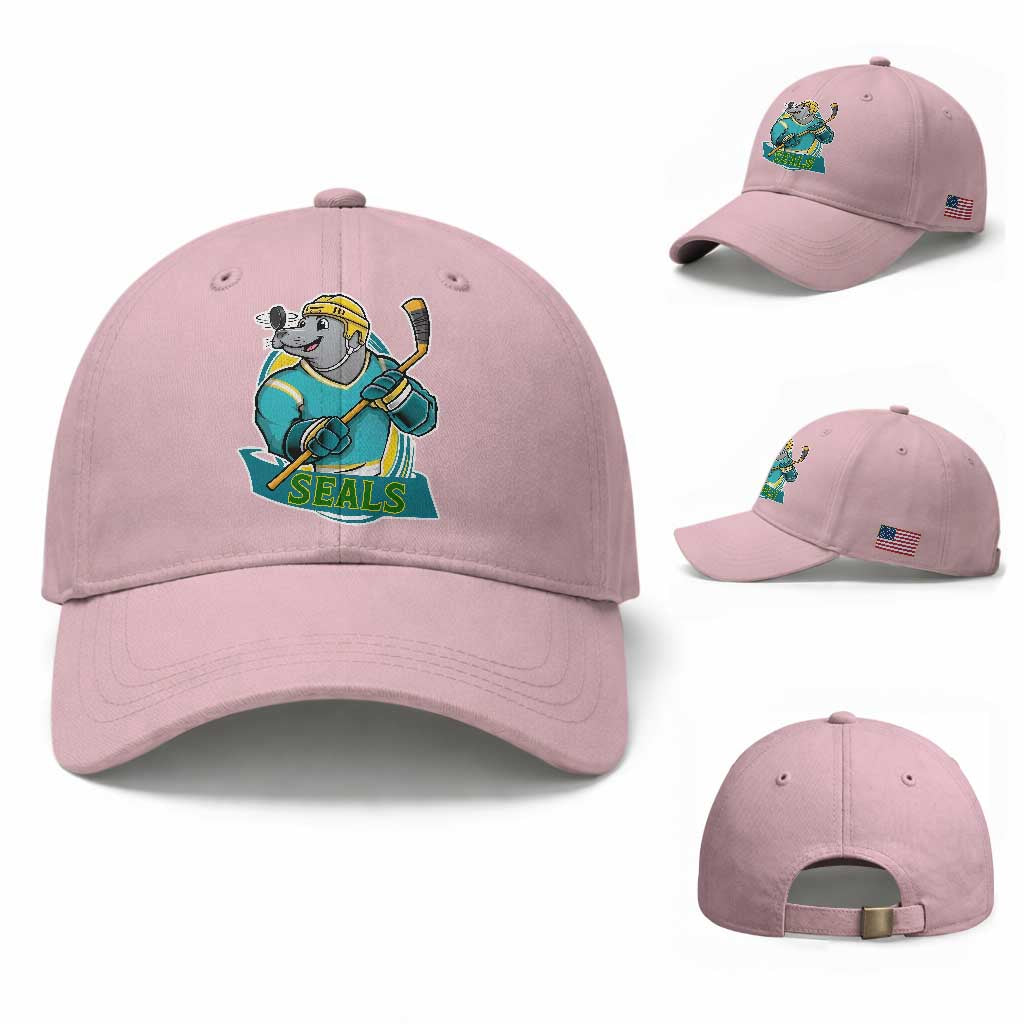 Cute Seal Playing Ice Hockey Baseball Cap Funny Winter Sports Gift TS12 Baseball Cap Universal Fit Light Pink Print Your Wear