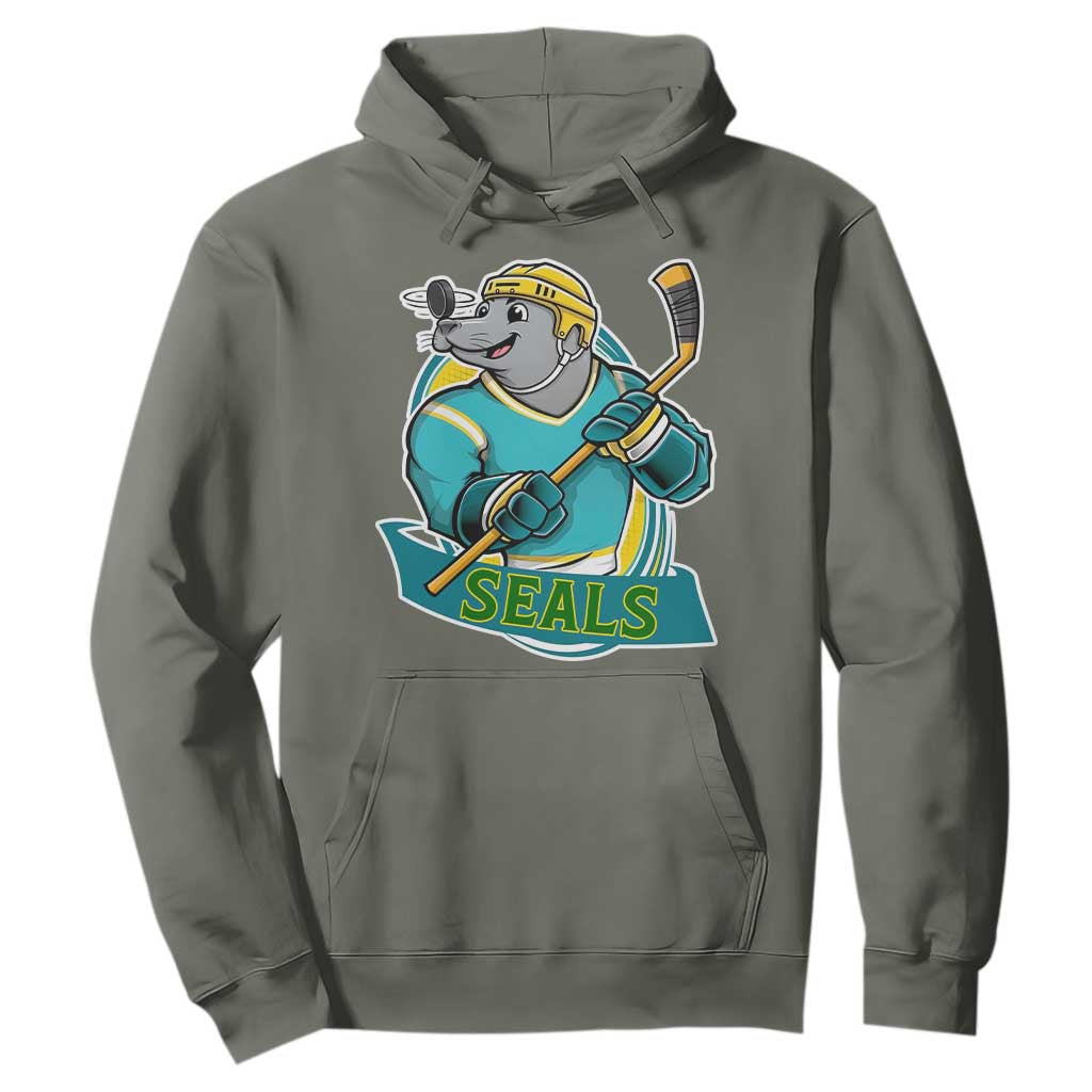 Cute Seal Playing Ice Hockey Hoodie Funny Winter Sports Gift TS12 Military Green Print Your Wear