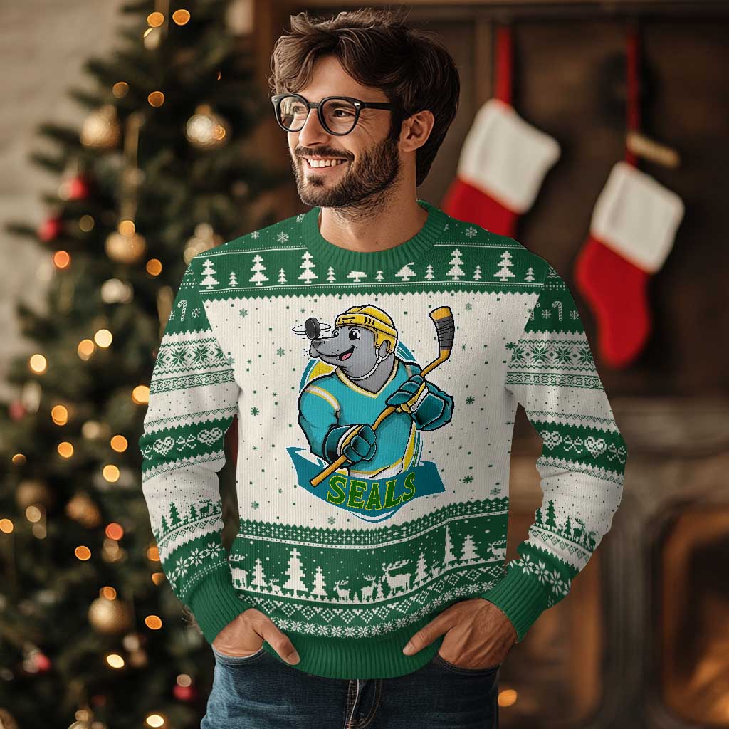 Cute Seal Playing Ice Hockey Ugly Christmas Sweater Funny Winter Sports Gift TS12 Beige Green Print Your Wear