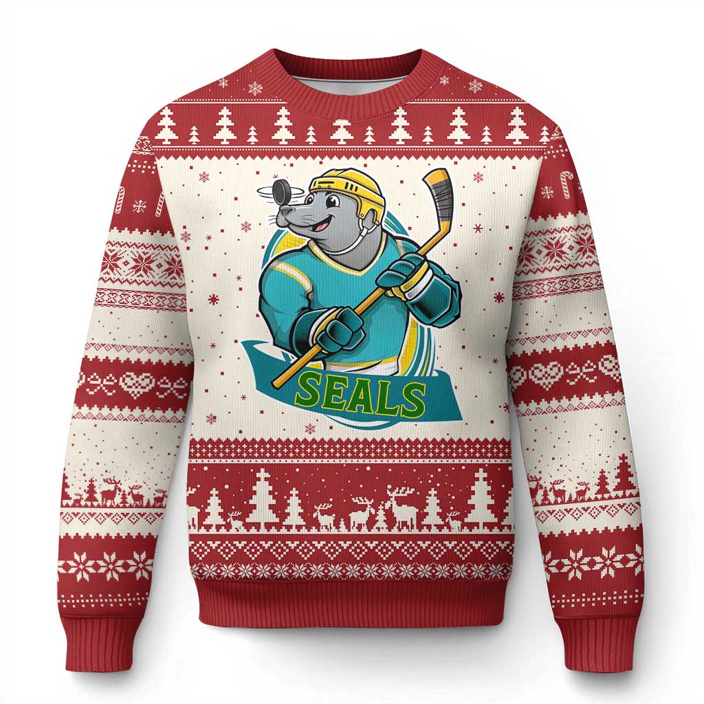 Cute Seal Playing Ice Hockey Ugly Christmas Sweater Funny Winter Sports Gift TS12 Beige Red Print Your Wear