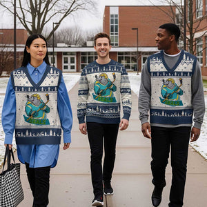 Cute Seal Playing Ice Hockey V-Neck Knit Sweater Vest Funny Winter Sports Gift TS12 Beige Navy Print Your Wear