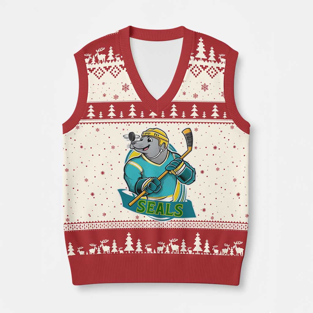 Cute Seal Playing Ice Hockey V-Neck Knit Sweater Vest Funny Winter Sports Gift TS12 Beige Red Print Your Wear