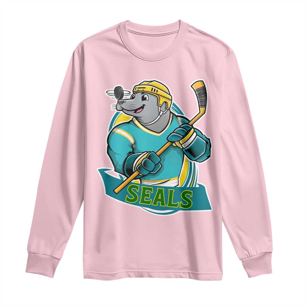 Cute Seal Playing Ice Hockey Long Sleeve Shirt Funny Winter Sports Gift TS12 Light Pink Print Your Wear