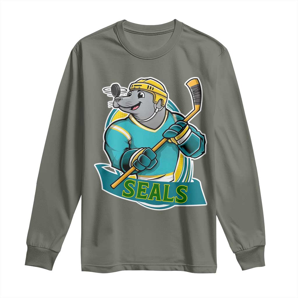 Cute Seal Playing Ice Hockey Long Sleeve Shirt Funny Winter Sports Gift TS12 Military Green Print Your Wear