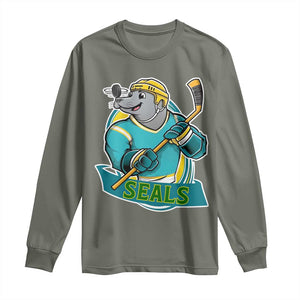 Cute Seal Playing Ice Hockey Long Sleeve Shirt Funny Winter Sports Gift TS12 Military Green Print Your Wear