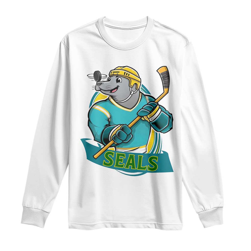 Cute Seal Playing Ice Hockey Long Sleeve Shirt Funny Winter Sports Gift TS12 White Print Your Wear