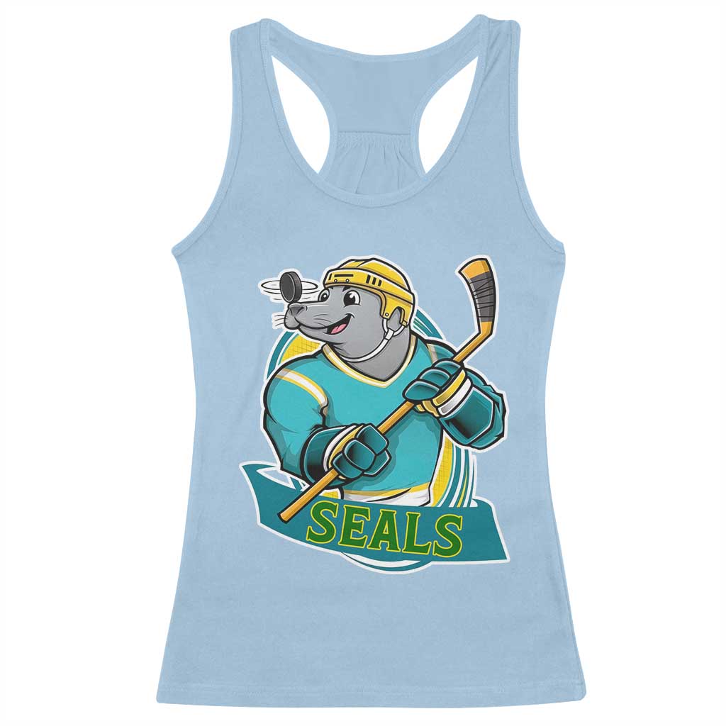 Cute Seal Playing Ice Hockey Racerback Tank Top Funny Winter Sports Gift TS12 Light Blue Print Your Wear