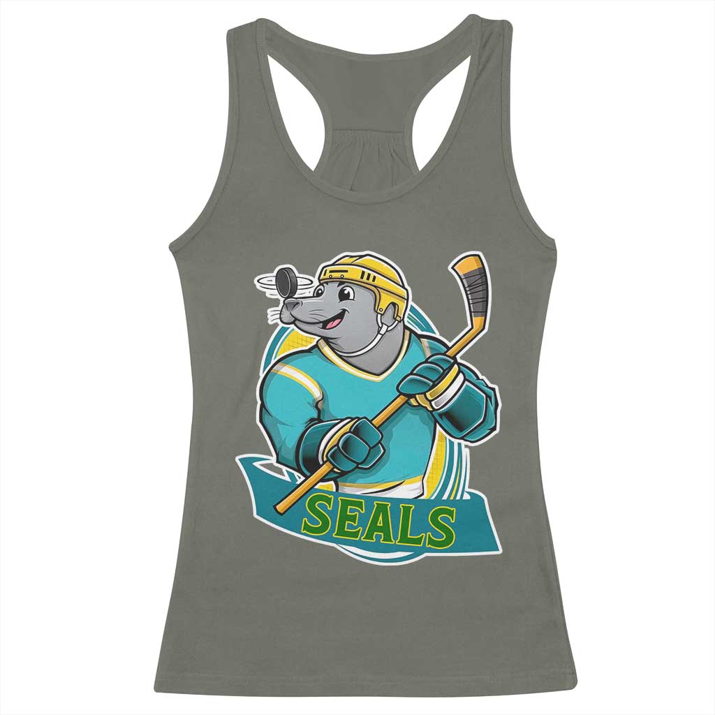 Cute Seal Playing Ice Hockey Racerback Tank Top Funny Winter Sports Gift TS12 Military Green Print Your Wear