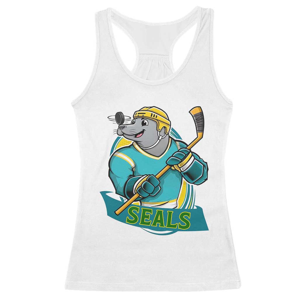 Cute Seal Playing Ice Hockey Racerback Tank Top Funny Winter Sports Gift TS12 White Print Your Wear
