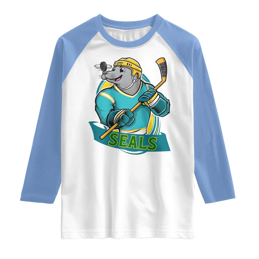 Cute Seal Playing Ice Hockey Raglan Shirt Funny Winter Sports Gift TS12 White Carolina Blue Print Your Wear
