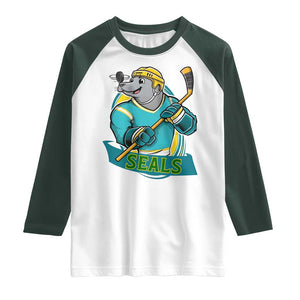 Cute Seal Playing Ice Hockey Raglan Shirt Funny Winter Sports Gift TS12 White Dark Forest Green Print Your Wear