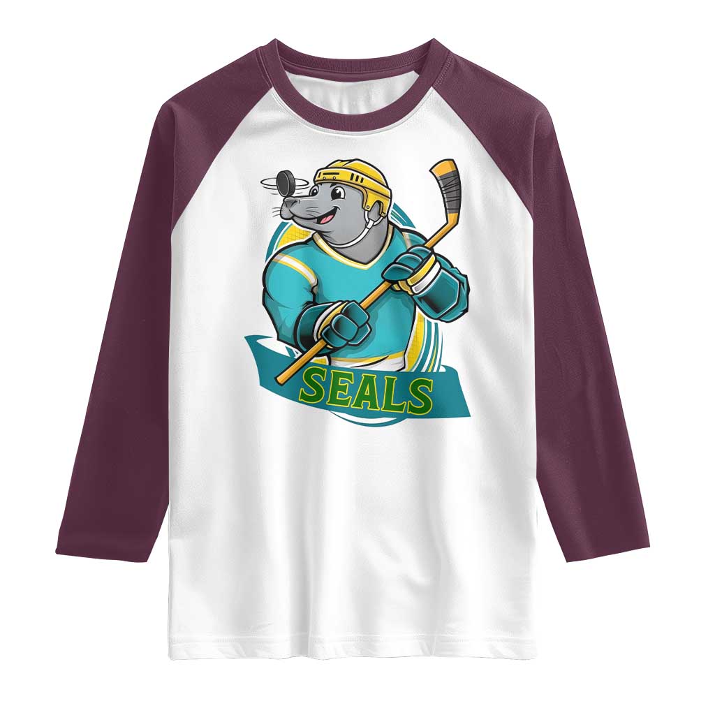 Cute Seal Playing Ice Hockey Raglan Shirt Funny Winter Sports Gift TS12 White Maroon Print Your Wear