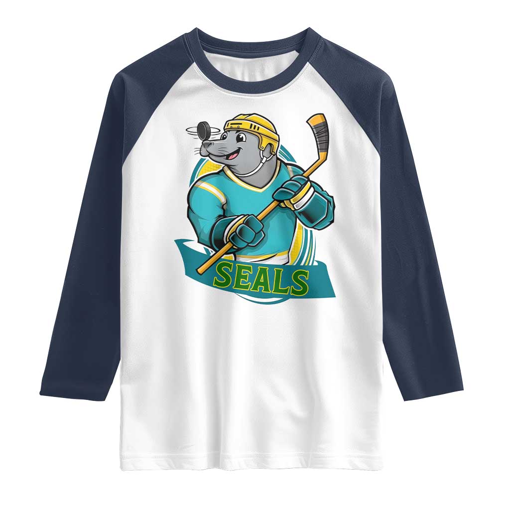 Cute Seal Playing Ice Hockey Raglan Shirt Funny Winter Sports Gift TS12 White Navy Print Your Wear