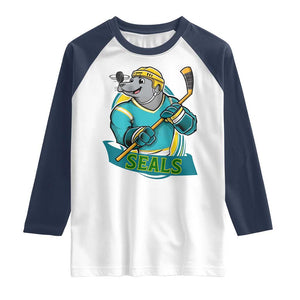 Cute Seal Playing Ice Hockey Raglan Shirt Funny Winter Sports Gift TS12 White Navy Print Your Wear