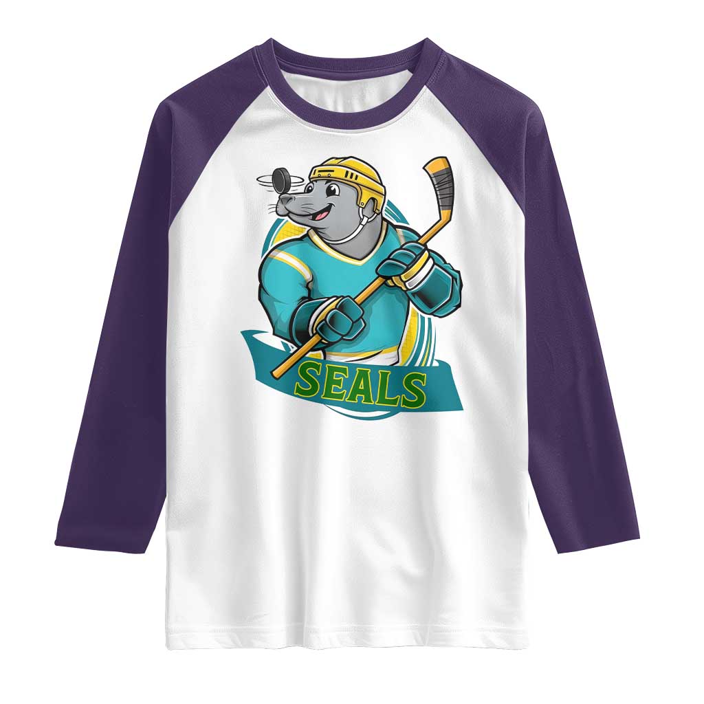 Cute Seal Playing Ice Hockey Raglan Shirt Funny Winter Sports Gift TS12 White Purple Print Your Wear