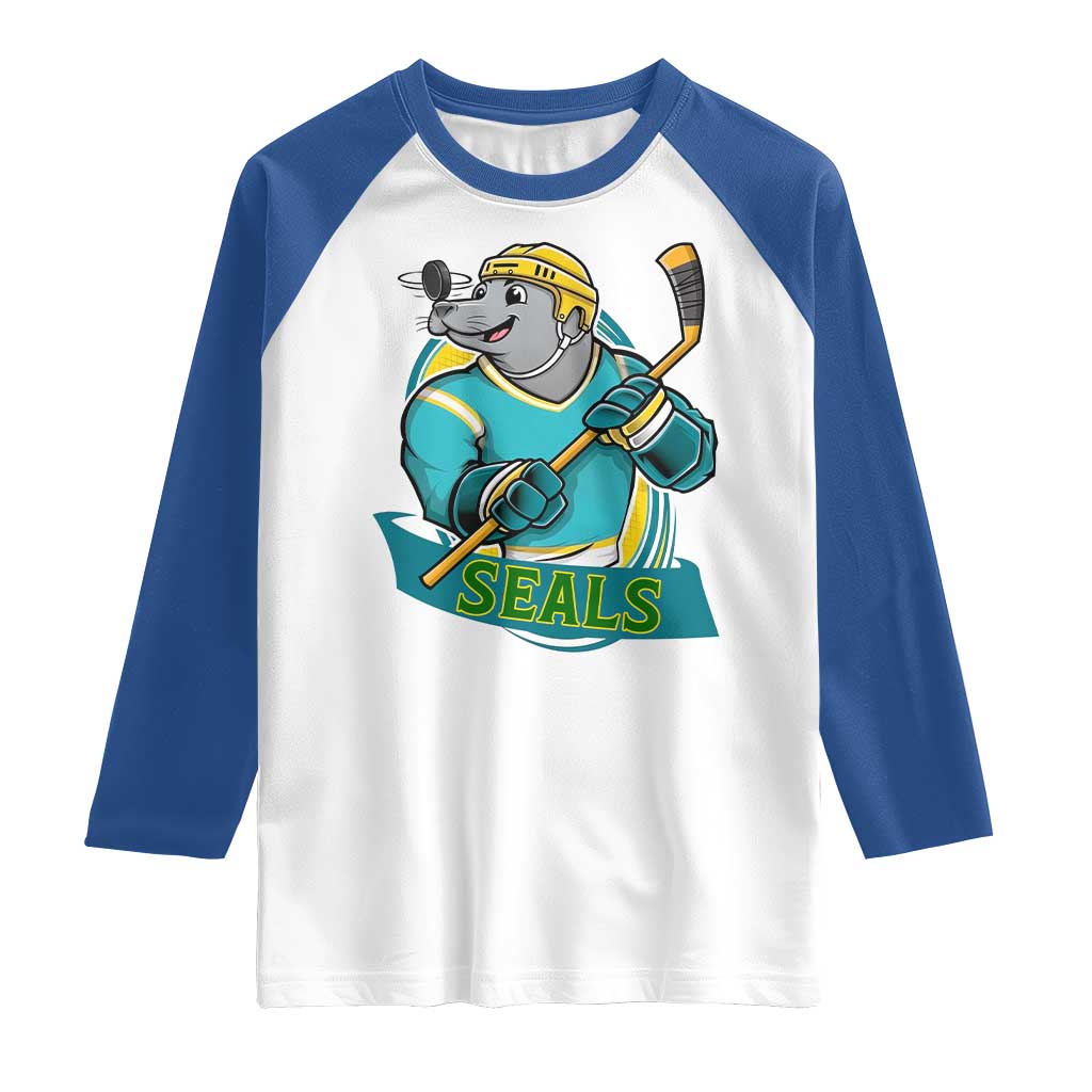 Cute Seal Playing Ice Hockey Raglan Shirt Funny Winter Sports Gift TS12 White Royal Print Your Wear