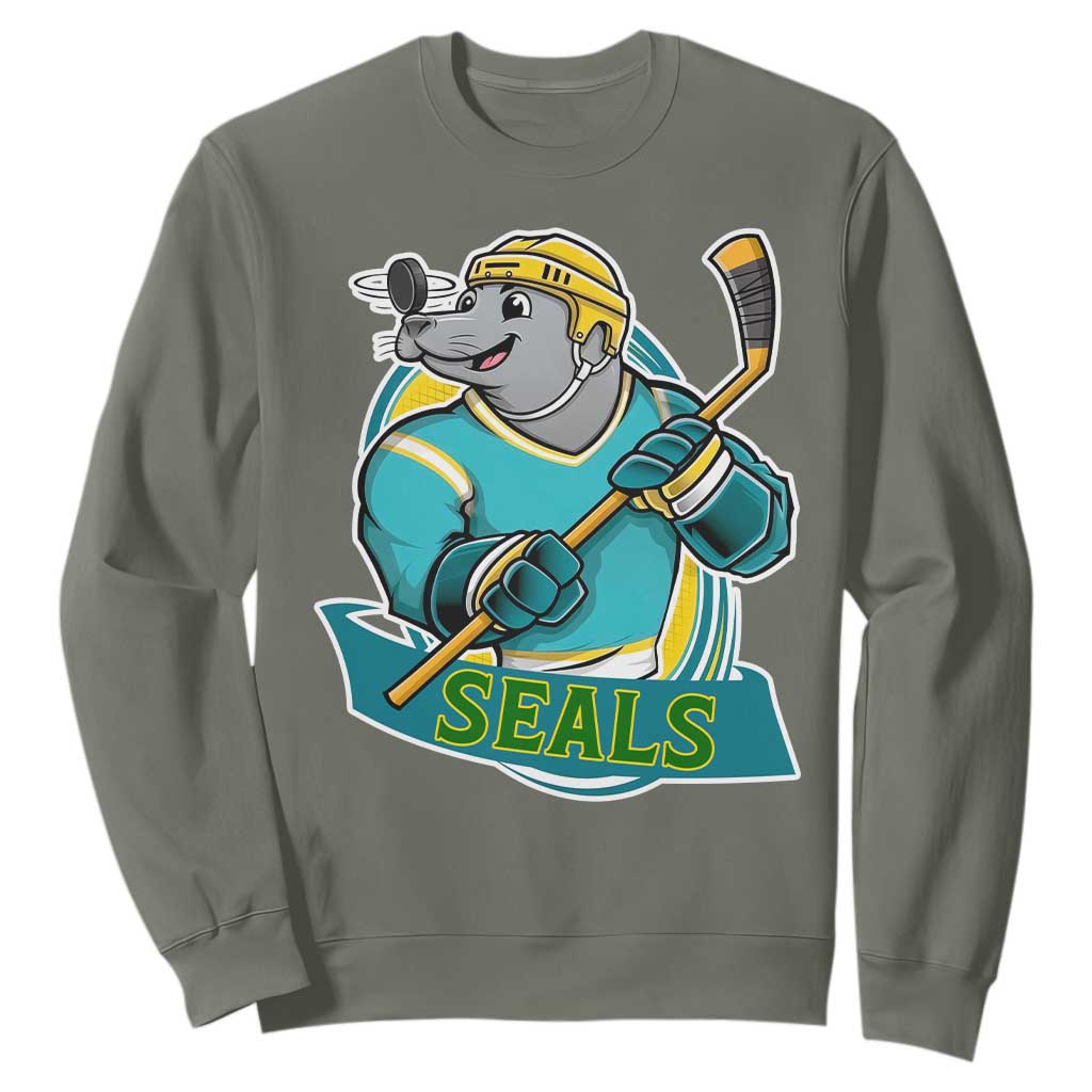 Cute Seal Playing Ice Hockey Sweatshirt Funny Winter Sports Gift TS12 Military Green Print Your Wear