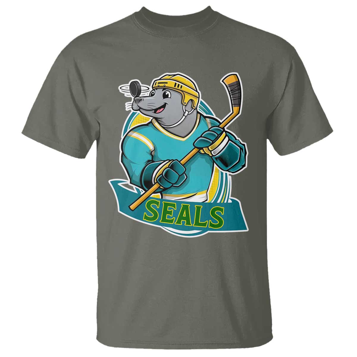Cute Seal Playing Ice Hockey T Shirt Funny Winter Sports Gift TS12 Military Green Print Your Wear