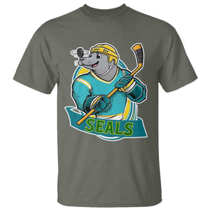 Cute Seal Playing Ice Hockey T Shirt Funny Winter Sports Gift TS12 Military Green Print Your Wear