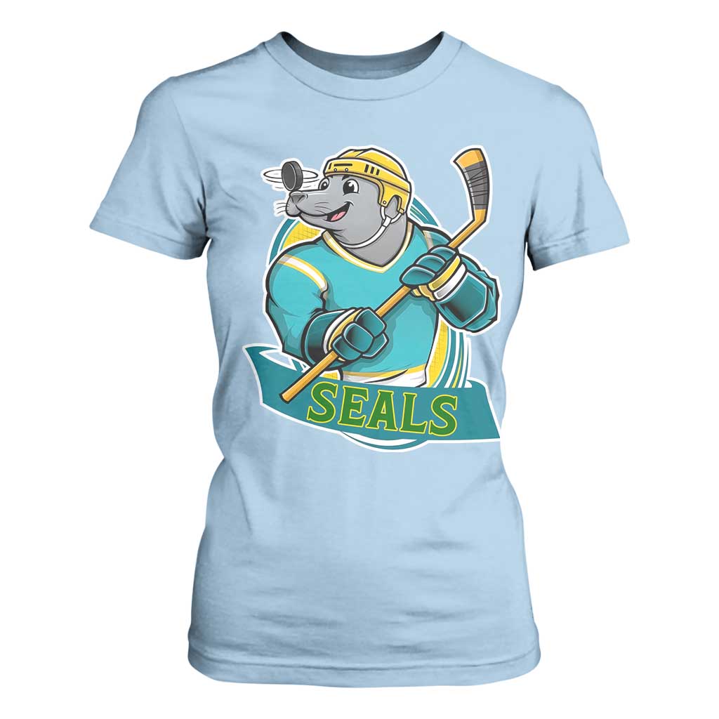 Cute Seal Playing Ice Hockey T Shirt For Women Funny Winter Sports Gift TS12 Light Blue Print Your Wear