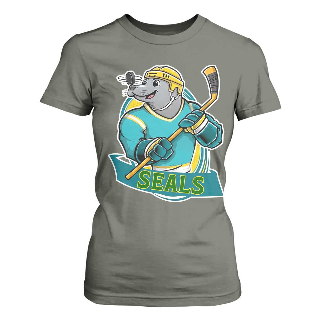 Cute Seal Playing Ice Hockey T Shirt For Women Funny Winter Sports Gift TS12 Military Green Print Your Wear