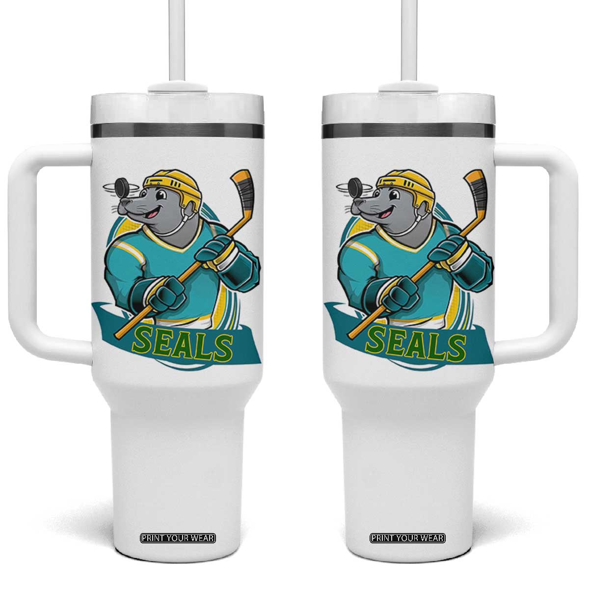 Cute Seal Playing Ice Hockey Tumbler With Handle Funny Winter Sports Gift TS12 One Size: 40 oz White Print Your Wear