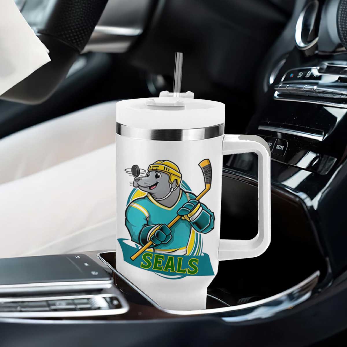 Cute Seal Playing Ice Hockey Tumbler With Handle Funny Winter Sports Gift TS12 Print Your Wear