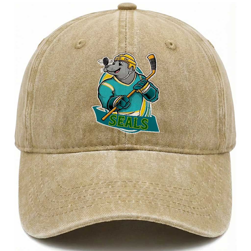 Cute Seal Playing Ice Hockey Washed Cotton Baseball Cap Funny Winter Sports Gift TS12 Print Your Wear
