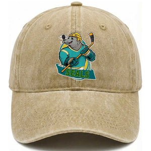 Cute Seal Playing Ice Hockey Washed Cotton Baseball Cap Funny Winter Sports Gift TS12 Print Your Wear