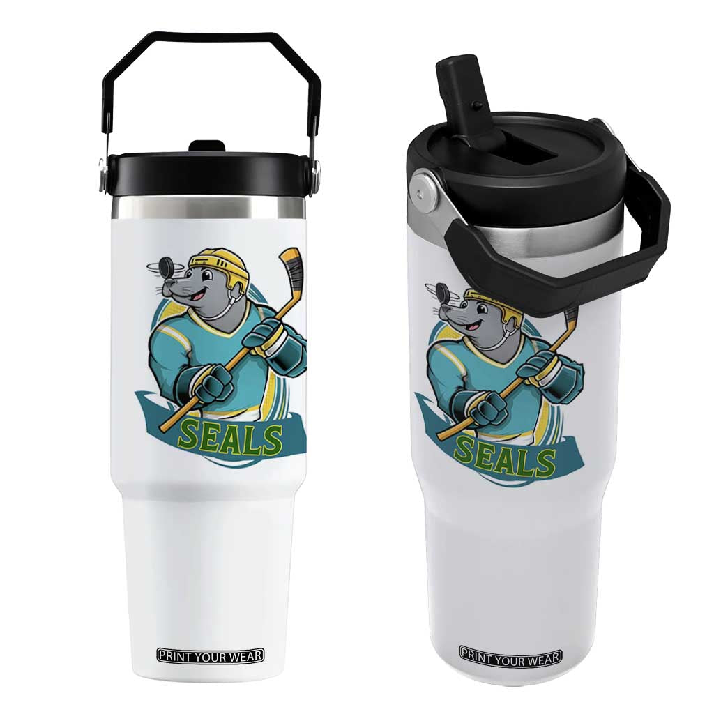 Cute Seal Playing Ice Hockey Flip Straw Tumbler Funny Winter Sports Gift TS12 One Size: 30 oz White Print Your Wear