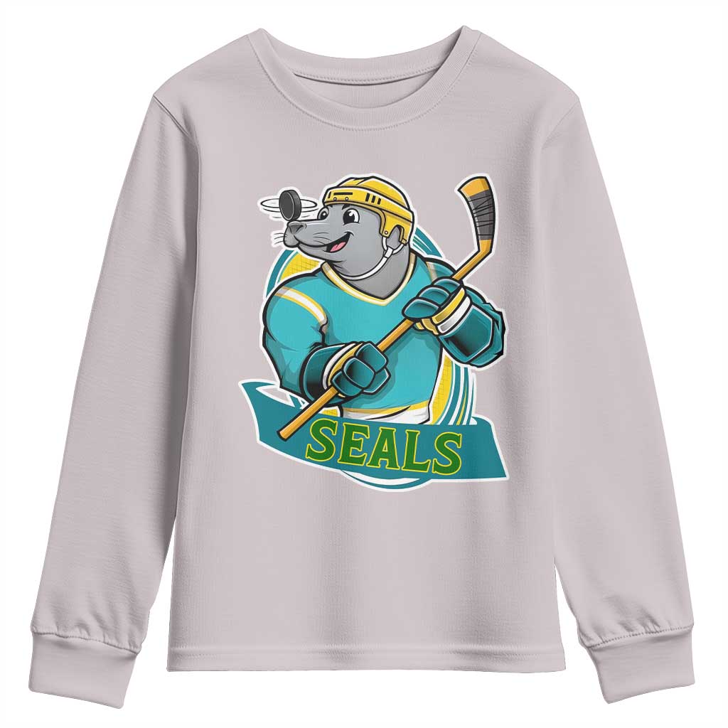 Cute Seal Playing Ice Hockey Youth Sweatshirt Funny Winter Sports Gift TS12 Ice Gray Print Your Wear