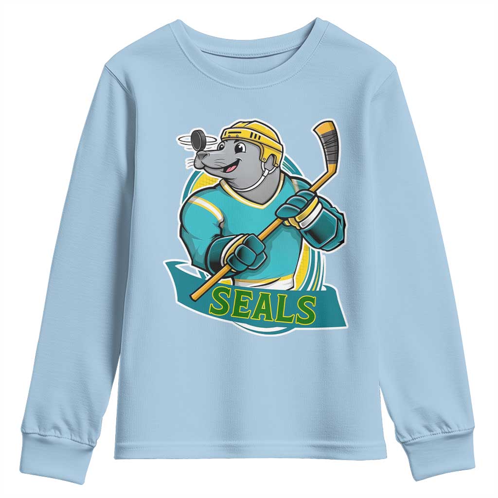 Cute Seal Playing Ice Hockey Youth Sweatshirt Funny Winter Sports Gift TS12 Light Blue Print Your Wear