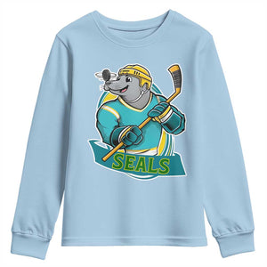 Cute Seal Playing Ice Hockey Youth Sweatshirt Funny Winter Sports Gift TS12 Light Blue Print Your Wear