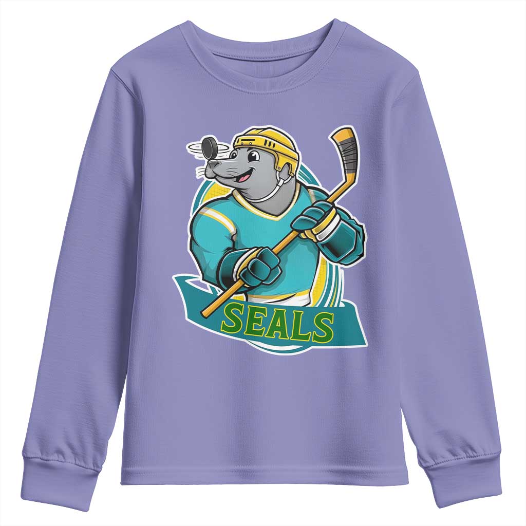 Cute Seal Playing Ice Hockey Youth Sweatshirt Funny Winter Sports Gift TS12 Violet Print Your Wear