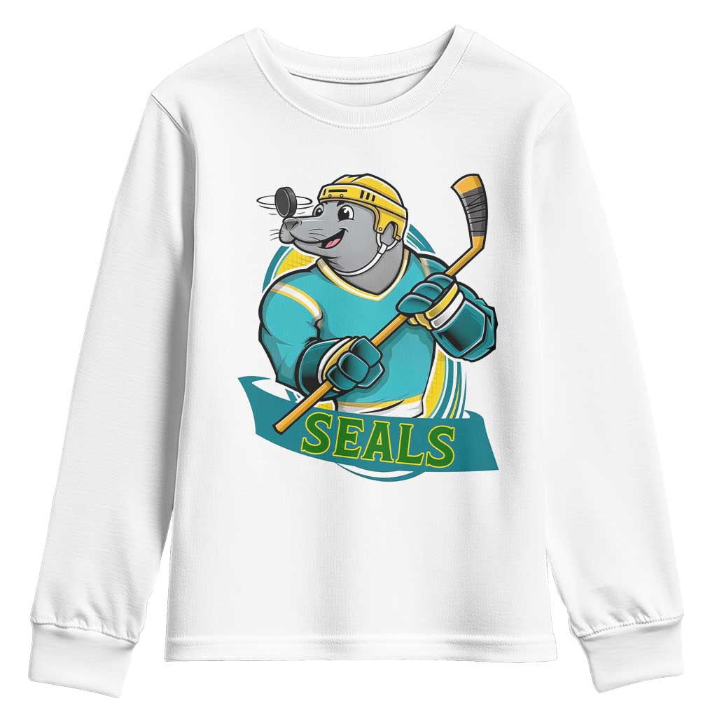 Cute Seal Playing Ice Hockey Youth Sweatshirt Funny Winter Sports Gift TS12 White Print Your Wear