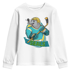 Cute Seal Playing Ice Hockey Youth Sweatshirt Funny Winter Sports Gift TS12 White Print Your Wear