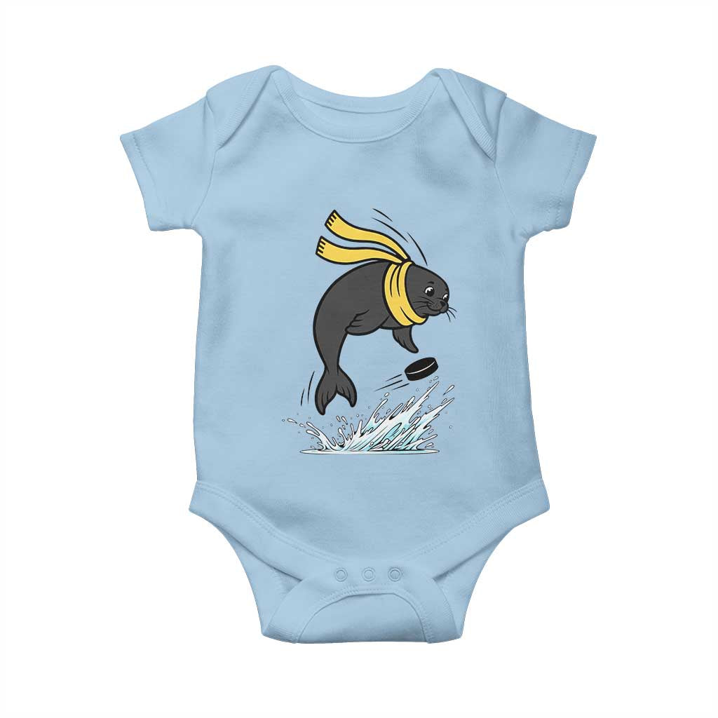 Funny Seal Playing Ice Hockey Baby Onesie Winter Sports Gift TS12 Light Blue Print Your Wear