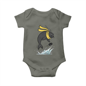 Funny Seal Playing Ice Hockey Baby Onesie Winter Sports Gift TS12 Military Green Print Your Wear