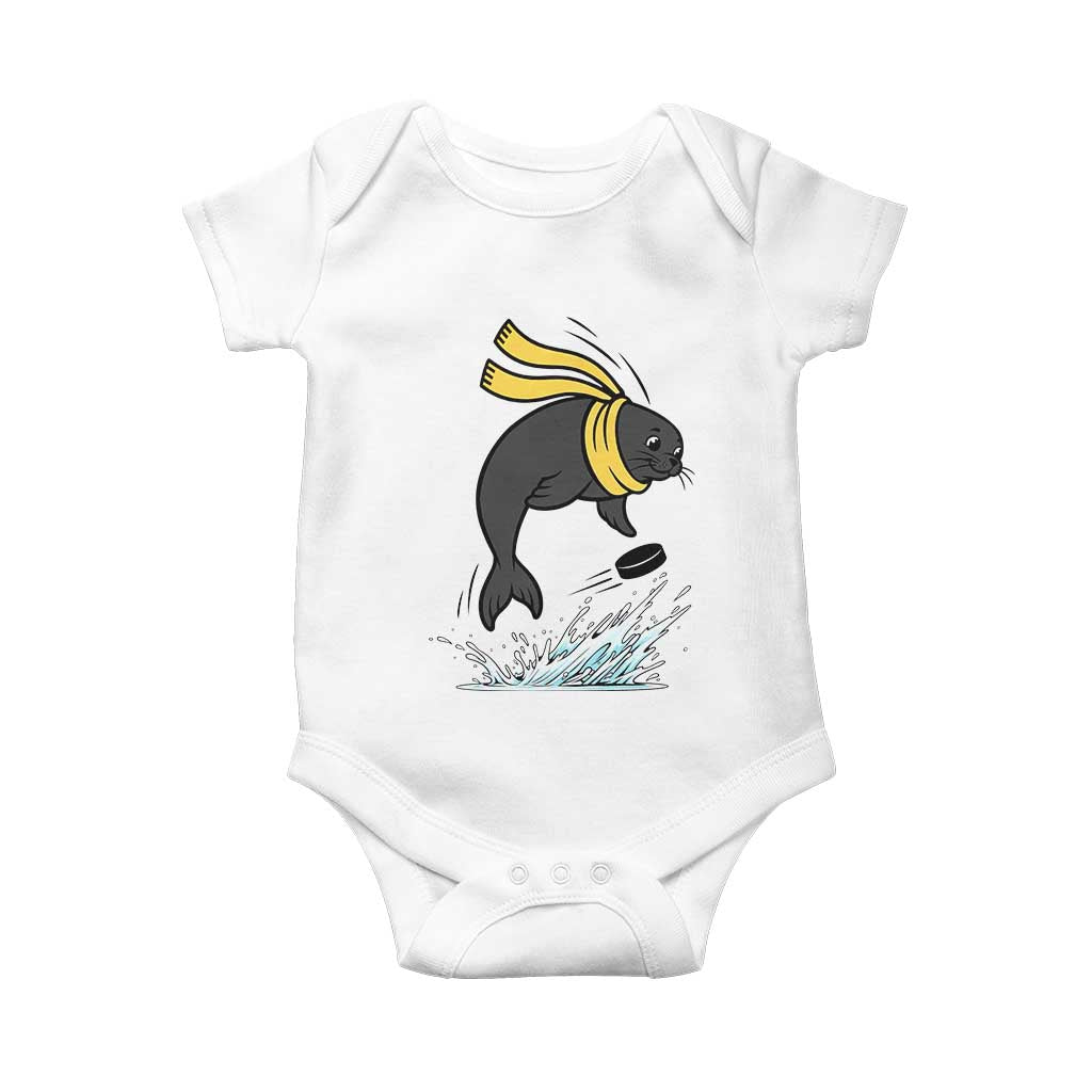Funny Seal Playing Ice Hockey Baby Onesie Winter Sports Gift TS12 White Print Your Wear