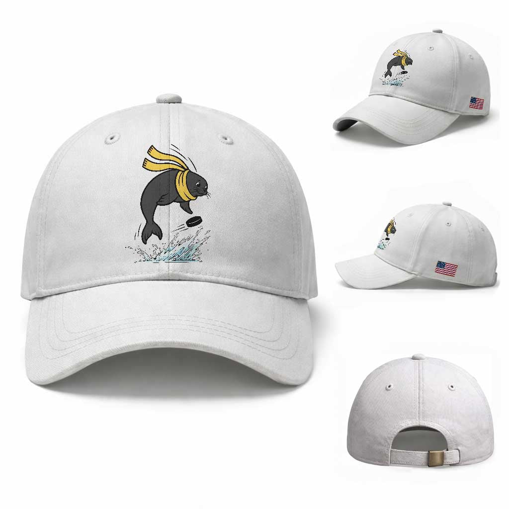 Funny Seal Playing Ice Hockey Baseball Cap Winter Sports Gift TS12 Baseball Cap Universal Fit White Print Your Wear