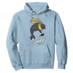 Funny Seal Playing Ice Hockey Hoodie Winter Sports Gift TS12 Light Blue Print Your Wear