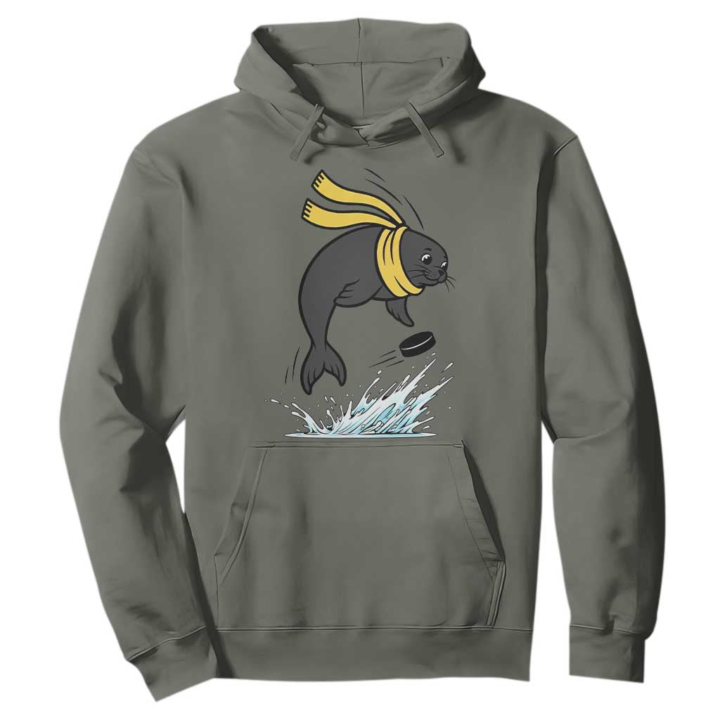 Funny Seal Playing Ice Hockey Hoodie Winter Sports Gift TS12 Military Green Print Your Wear