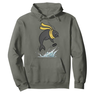 Funny Seal Playing Ice Hockey Hoodie Winter Sports Gift TS12 Military Green Print Your Wear