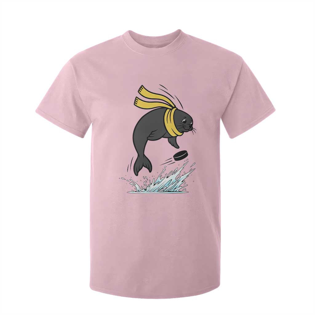 Funny Seal Playing Ice Hockey T Shirt For Kid Winter Sports Gift TS12 Light Pink Print Your Wear