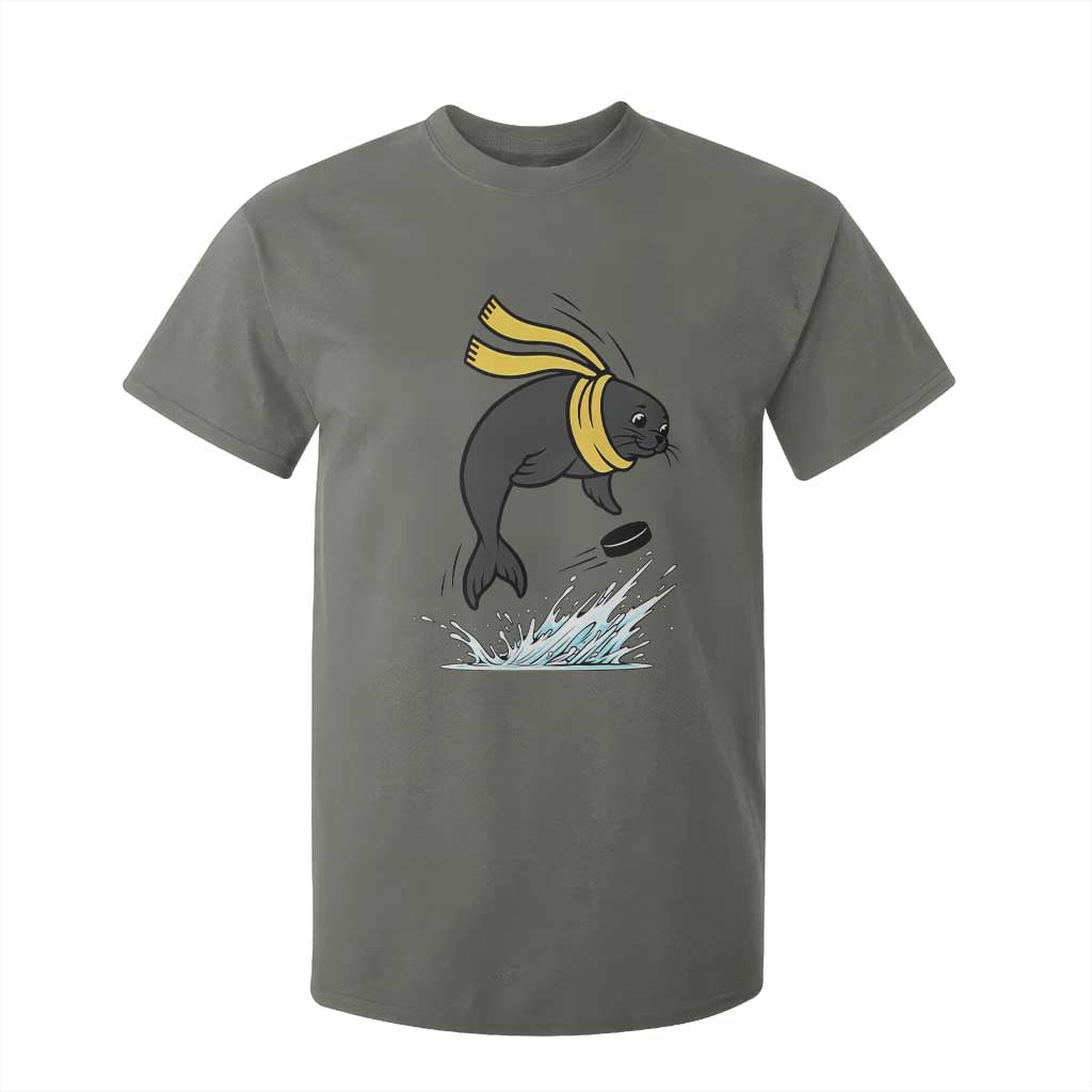 Funny Seal Playing Ice Hockey T Shirt For Kid Winter Sports Gift TS12 Military Green Print Your Wear
