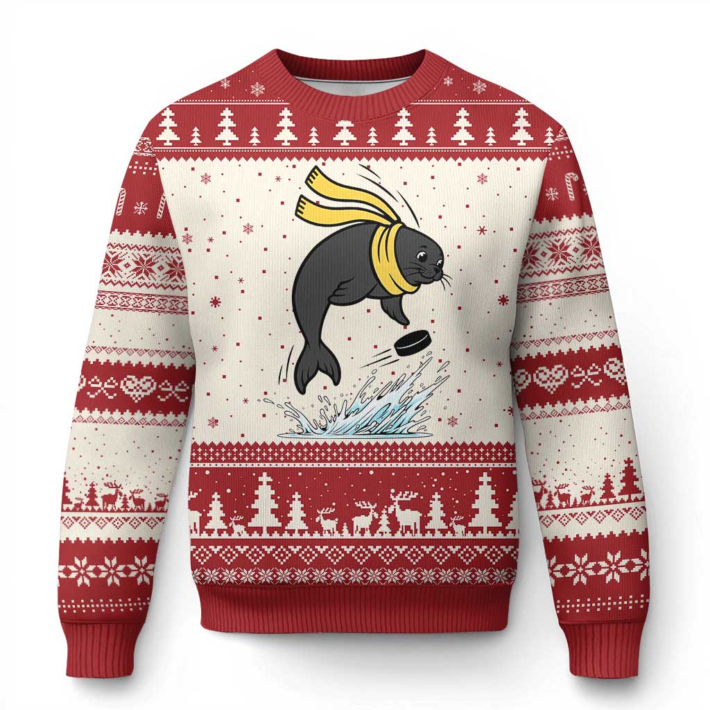 Funny Seal Playing Ice Hockey Ugly Christmas Sweater Winter Sports Gift TS12 Beige Red Print Your Wear
